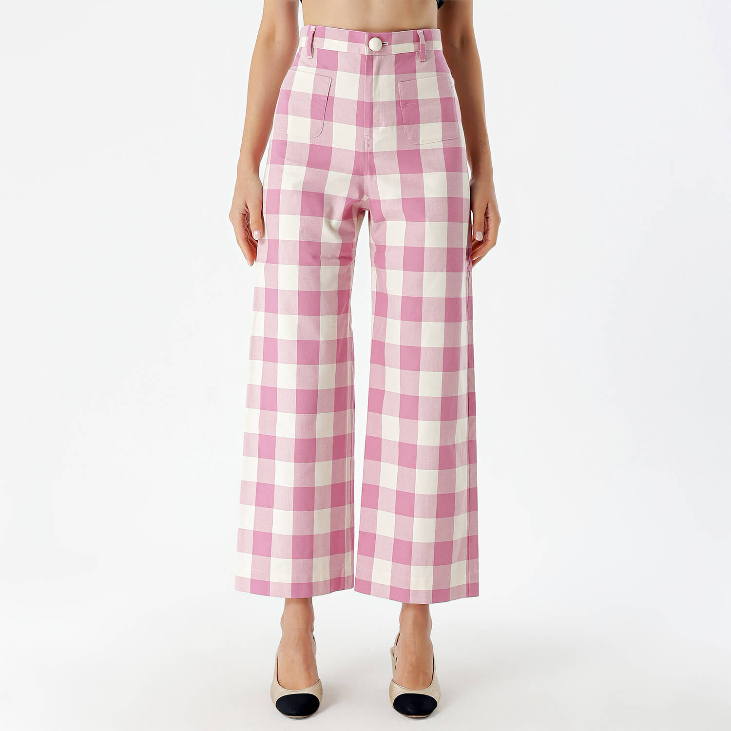 La Veste - Pink&White Cotton Checked Wide Leg Pants